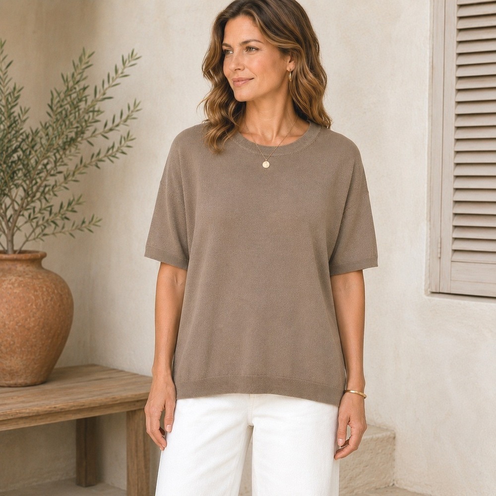 Women 100% Silk Short Sleeve Sweater XL Crewneck Knit Top Minimalist Neutral